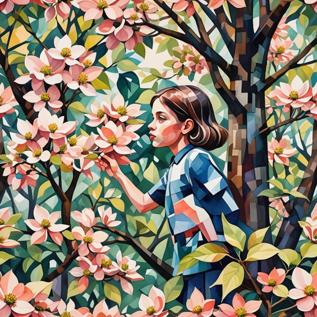 Girl in Dogwood Tree, Cubist Abstract Watercolor