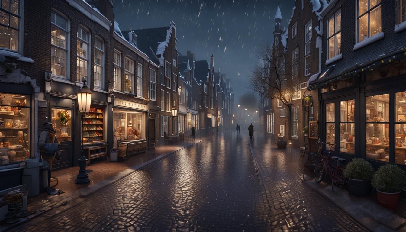 Festive Delft Shopping Street on a Rainy Evening