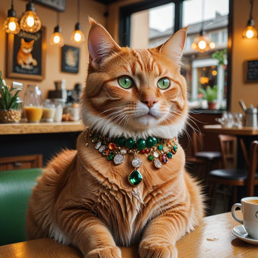 Ginger Cat in Cozy Cafe with Jewels