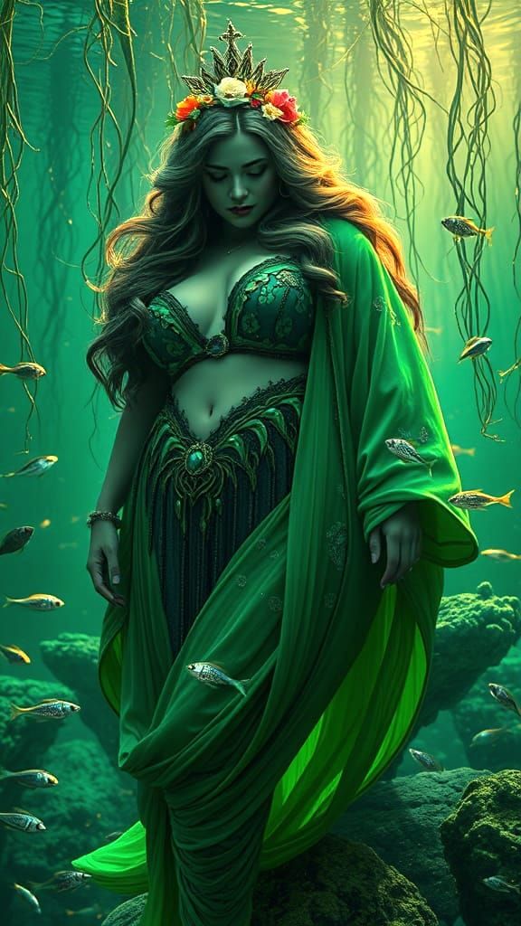 Ice Mermaid Queen in Green Robes
