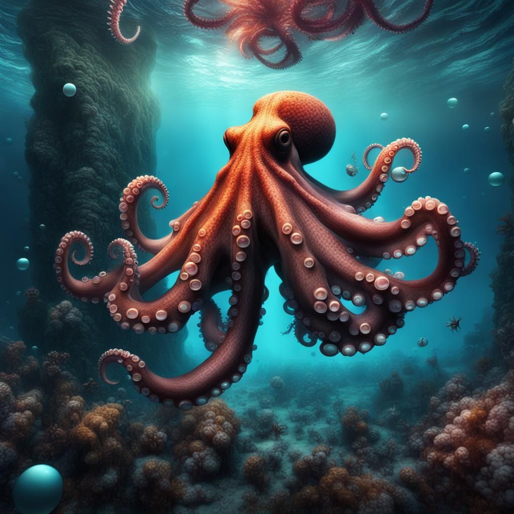 Colorful Octopus in Dark Ocean: Digital Matte Painting