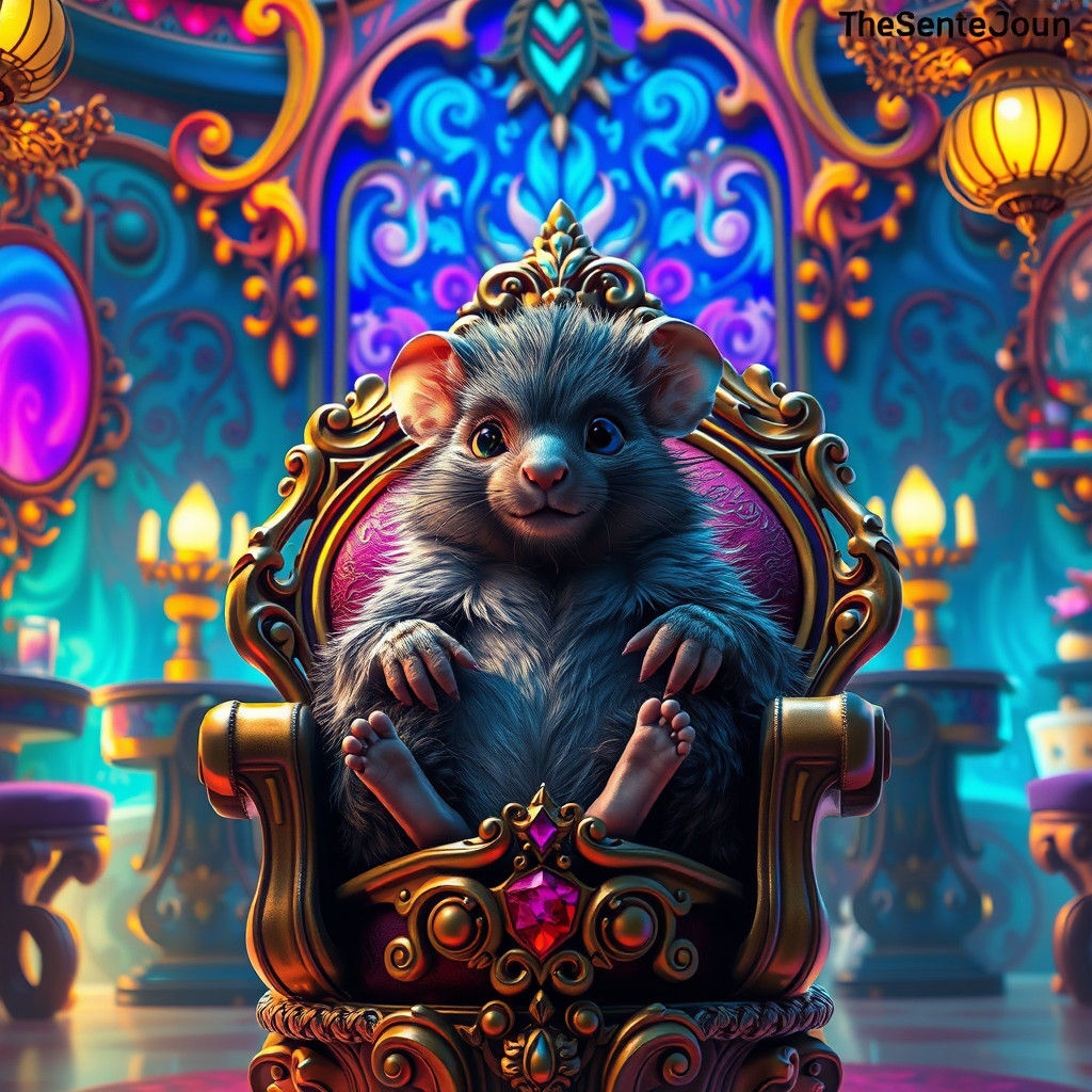 Fantastical Rodent in Ornate Salon, Matte Painting Style