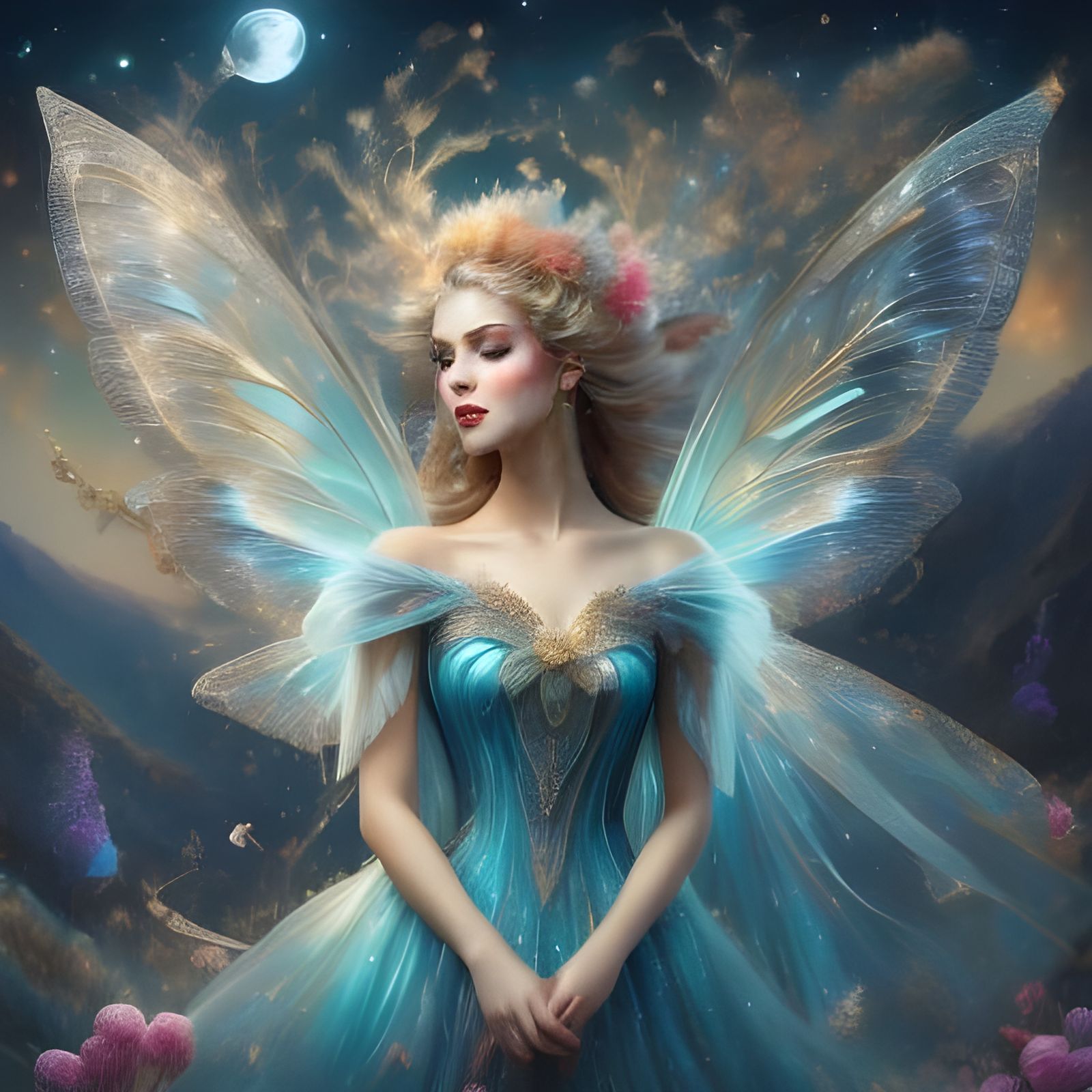 Bioluminescent Fairy in Starry Night Landscape