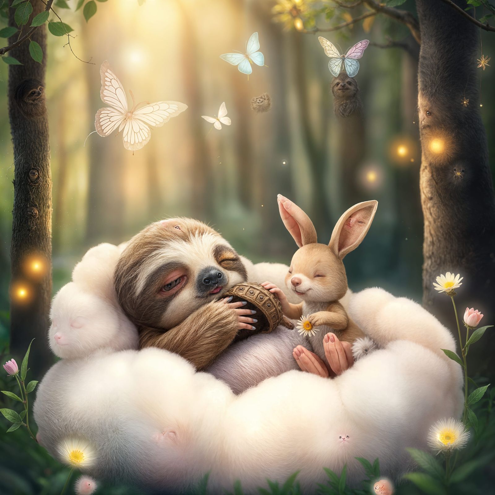 Surreal Forest Scene of Sloth and Bunny in Dreamlike Harmony