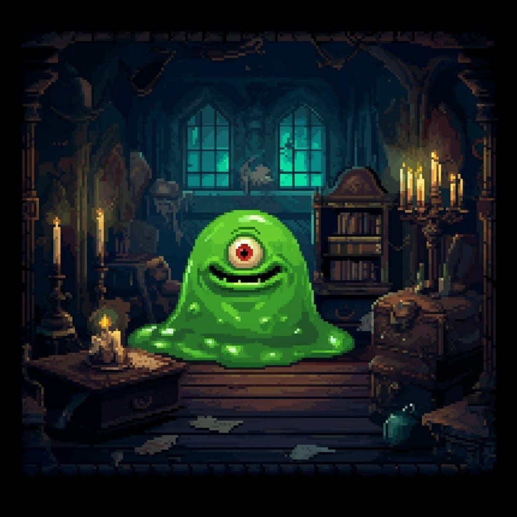 Silly Green Monster in Eerie Pixel Art Room