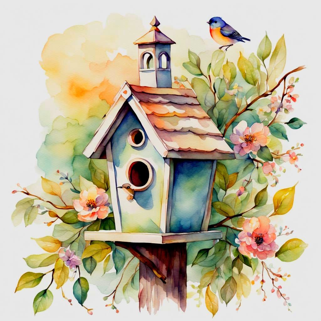 Victorian Birdhouse in Watercolor Style