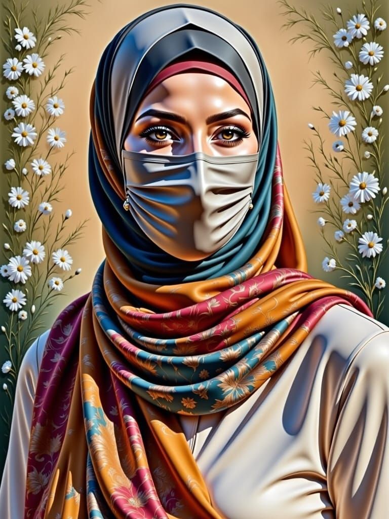 Beautiful Woman in Hijab as Oil-Guache Painting