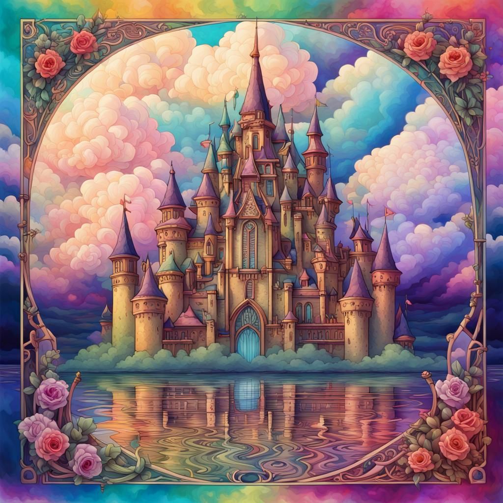 Cloud Castle in Art Nouveau Vaporwave Style