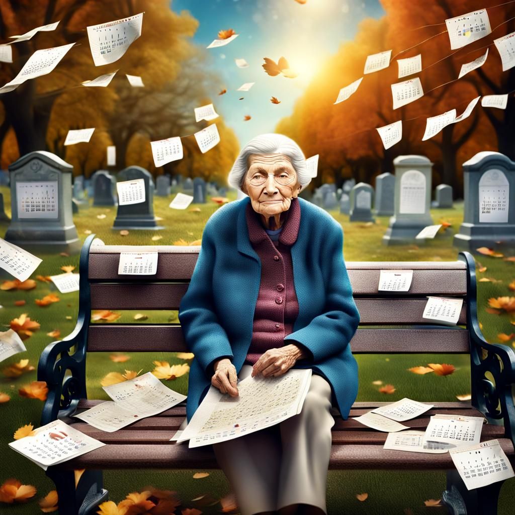 Old Woman Surrounded by Time in Cemetery