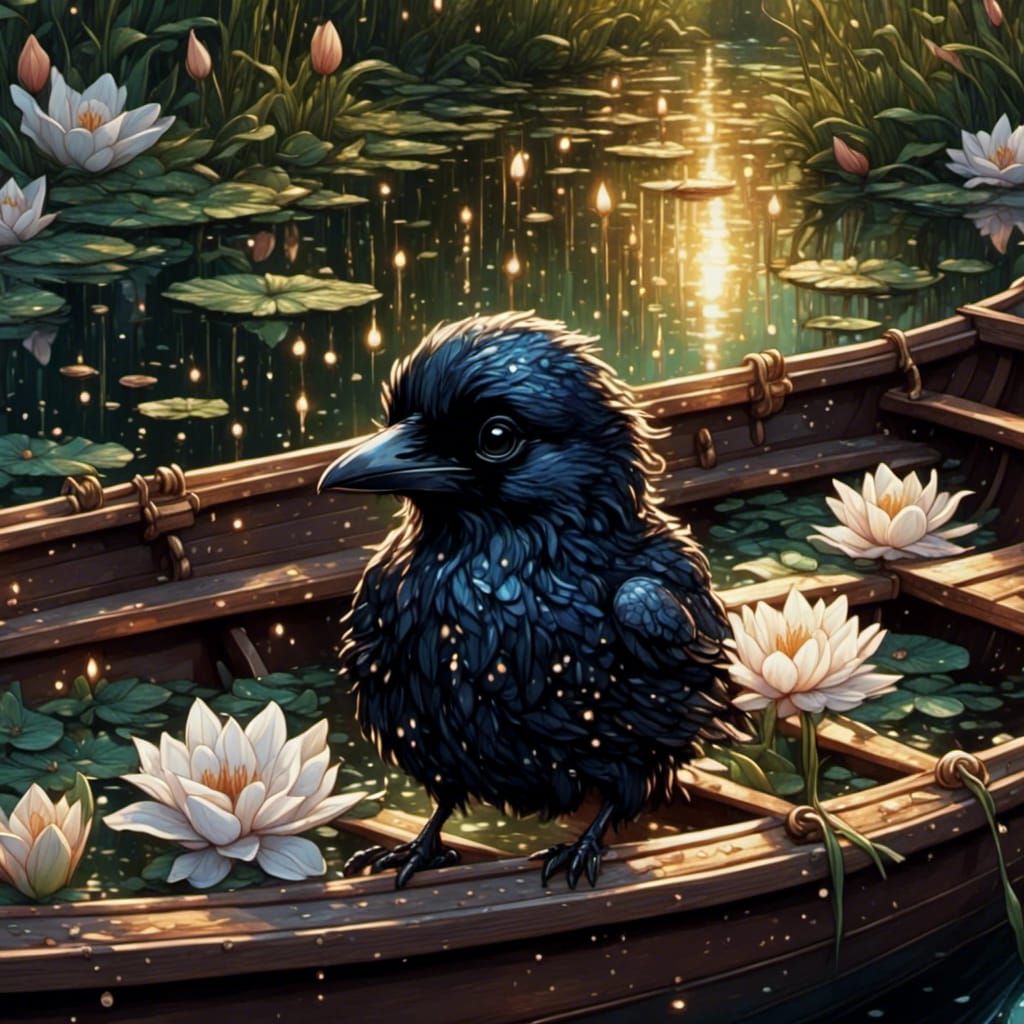 Adorable Baby Raven on Lily Pond: Digital Art
