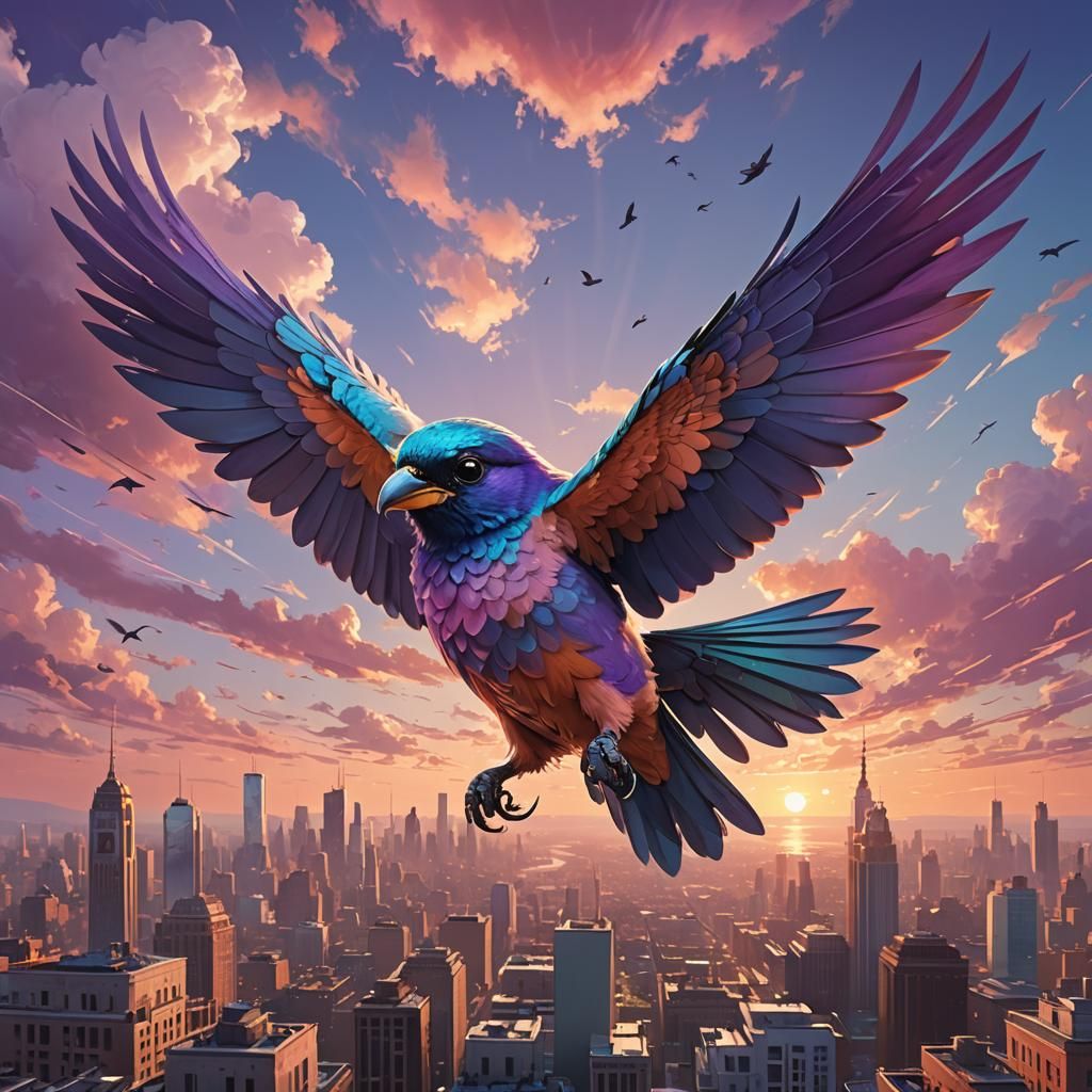 Bird Soaring Over City in Art Nouveau Style