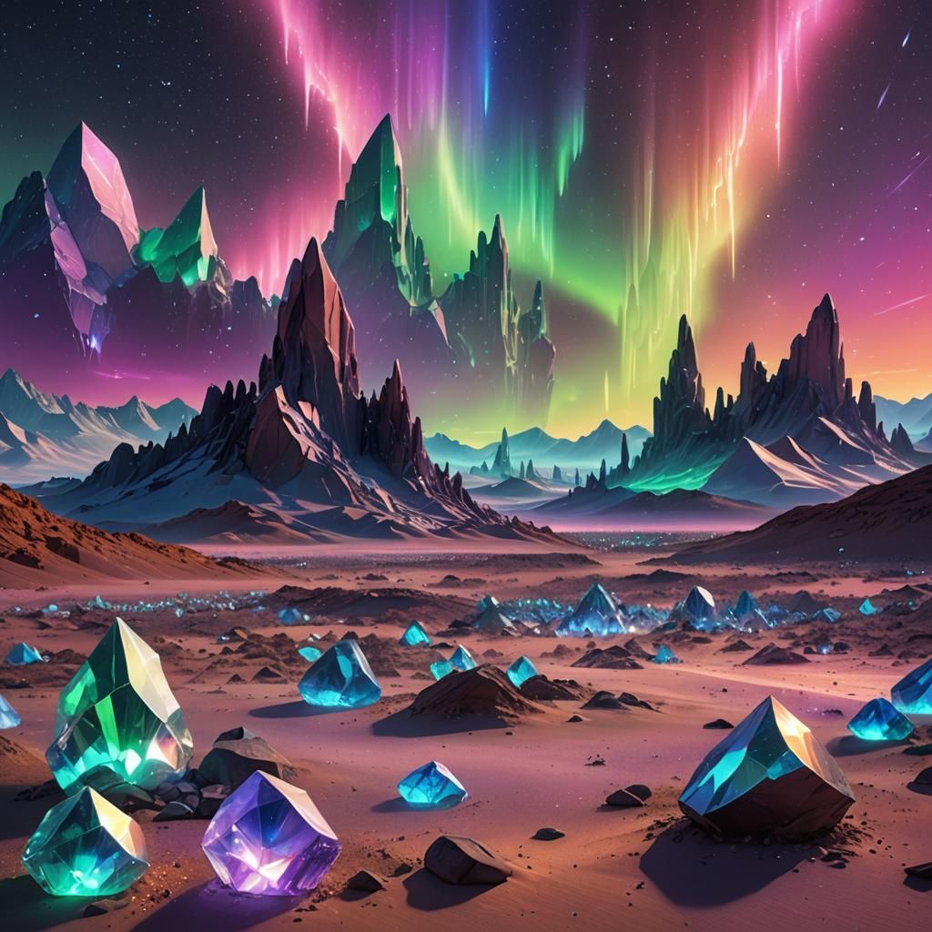 Iridescent Crystals in Futuristic Desert Landscape