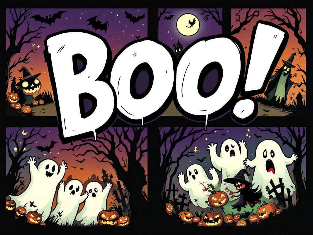 Spooky Halloween Comic Book Page With Ghosts and Witches