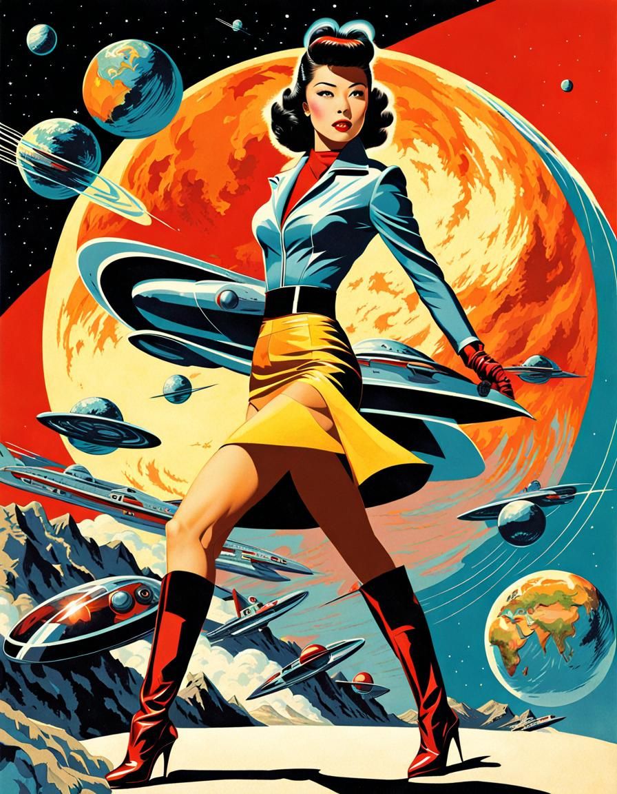 Retro-Futuristic Pin-Up Girl in Space Hero Pose
