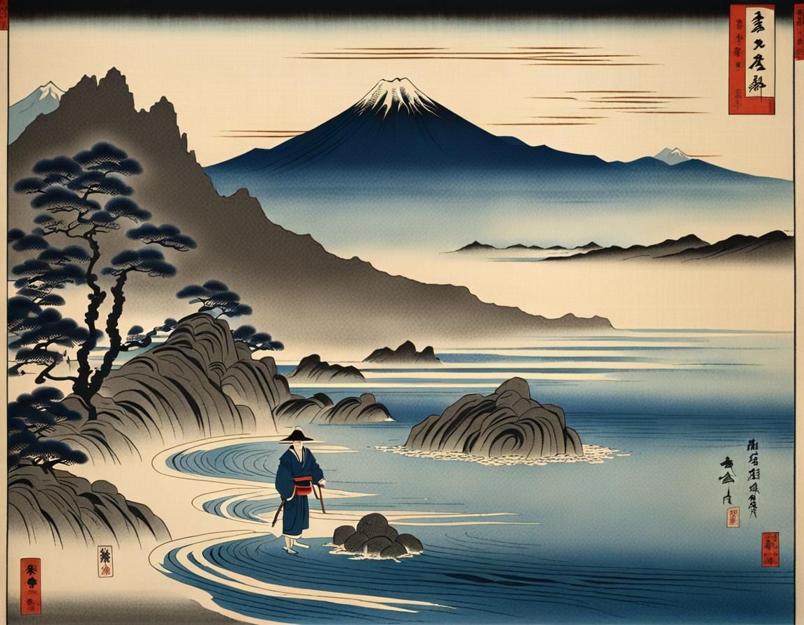 Japanese Fisherman on Shore in Ukiyo-e Style