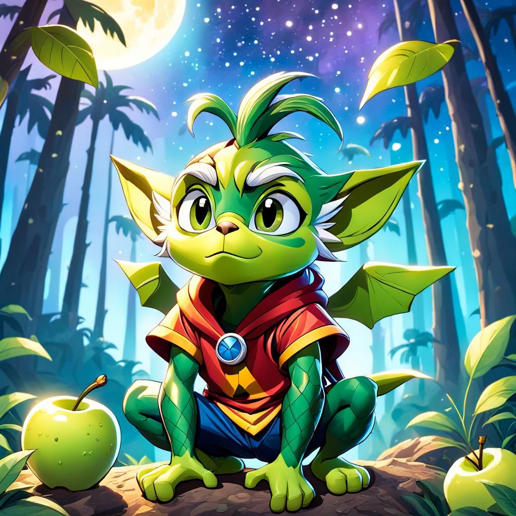 Wholesome Green Goblin Enjoys Apple Under Moonlight