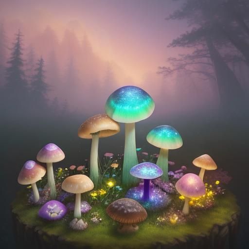Glowing Mushroom in Sunset Mist, Ethereal Fantasy