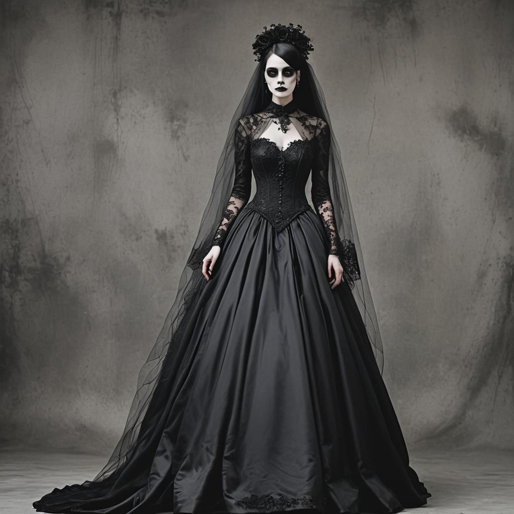 Headless Goth Bride in Black Wedding Gown