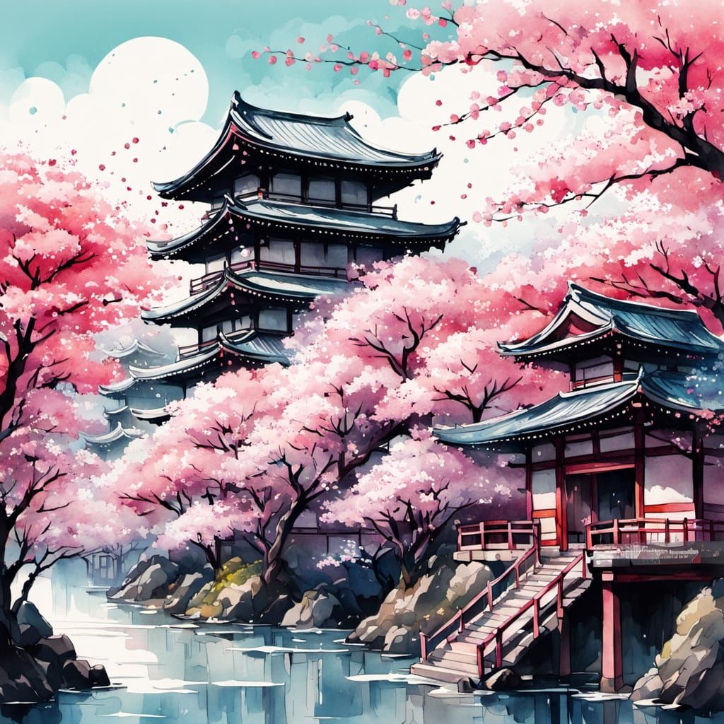 Person in Japan with Cherry Blossoms in Ink Illustration Sty...