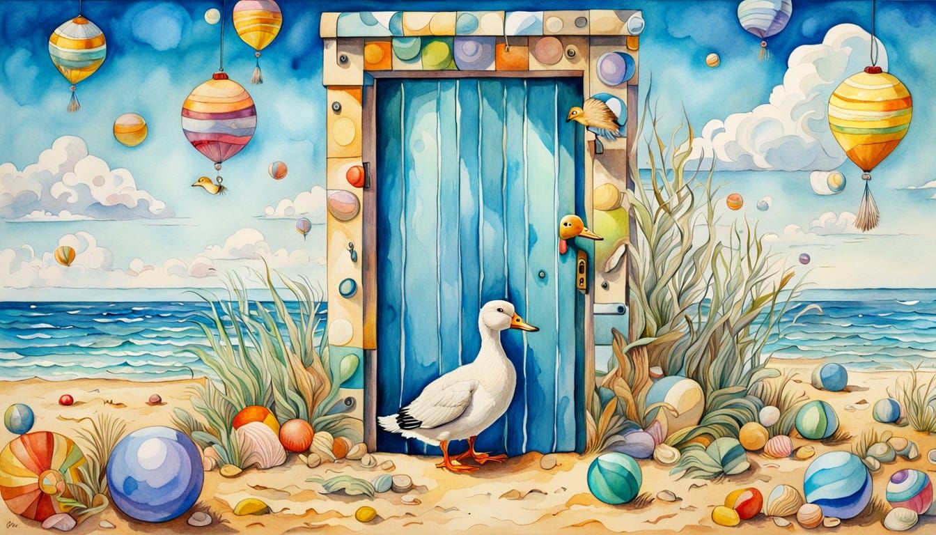 Duck by Beach Door in Watercolor Patchwork Style