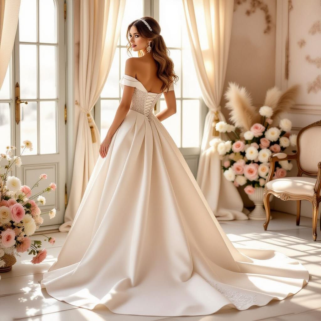 Woman in Strapless A-Line Wedding Gown as Art Nouveau Painti...