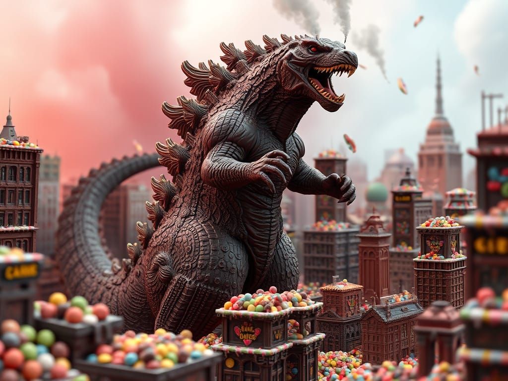 Chocolate Godzilla Rampages Candy City: Dark Fantasy 3D Art