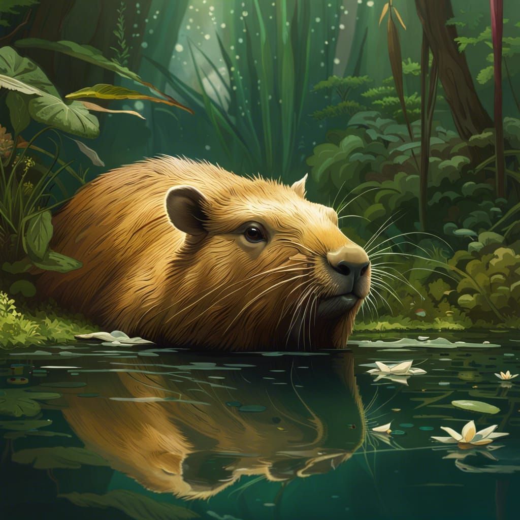 Detailed Capybara Relaxing in Forest Pond