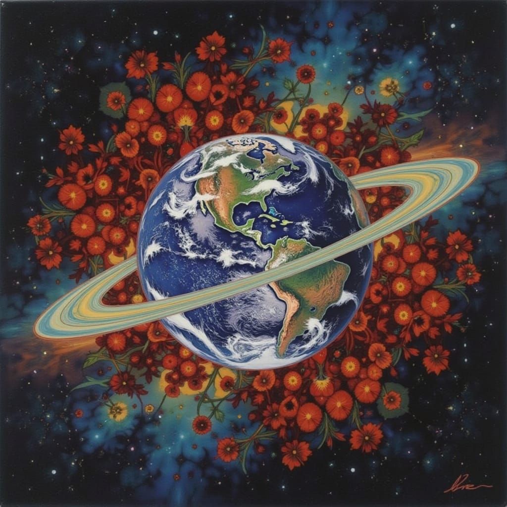 Psychedelic Earth Globe Amidst Poppies in Cosmic Universe