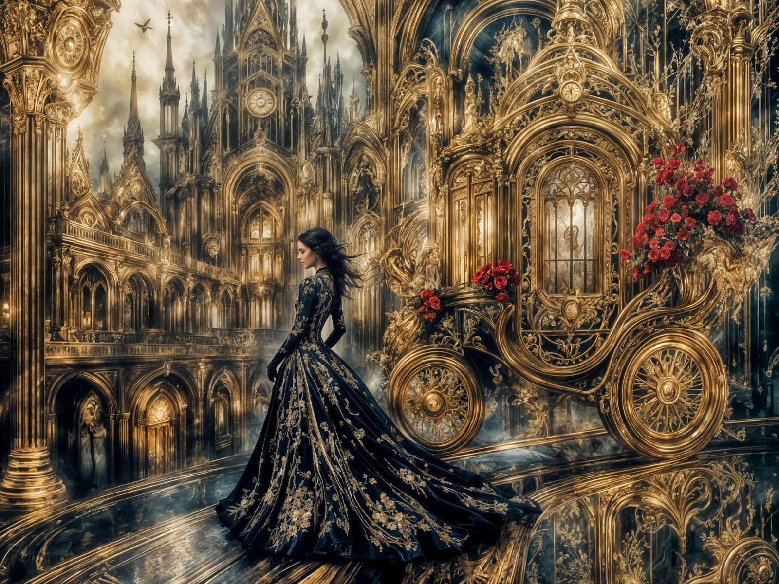 Victorian Woman in Opulent Gold City, Art Deco Style