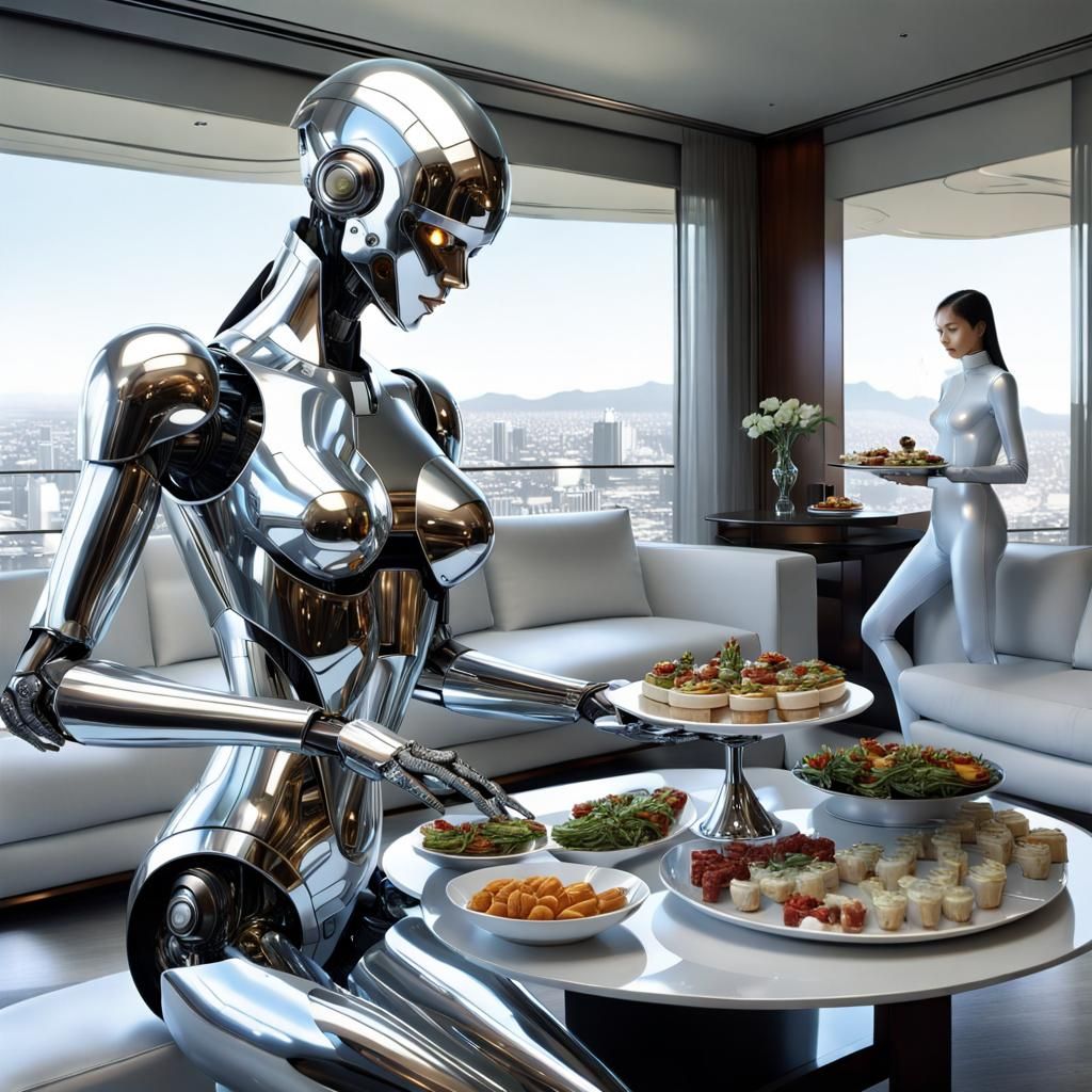 Futuristic Android Server in a Modern Living Room