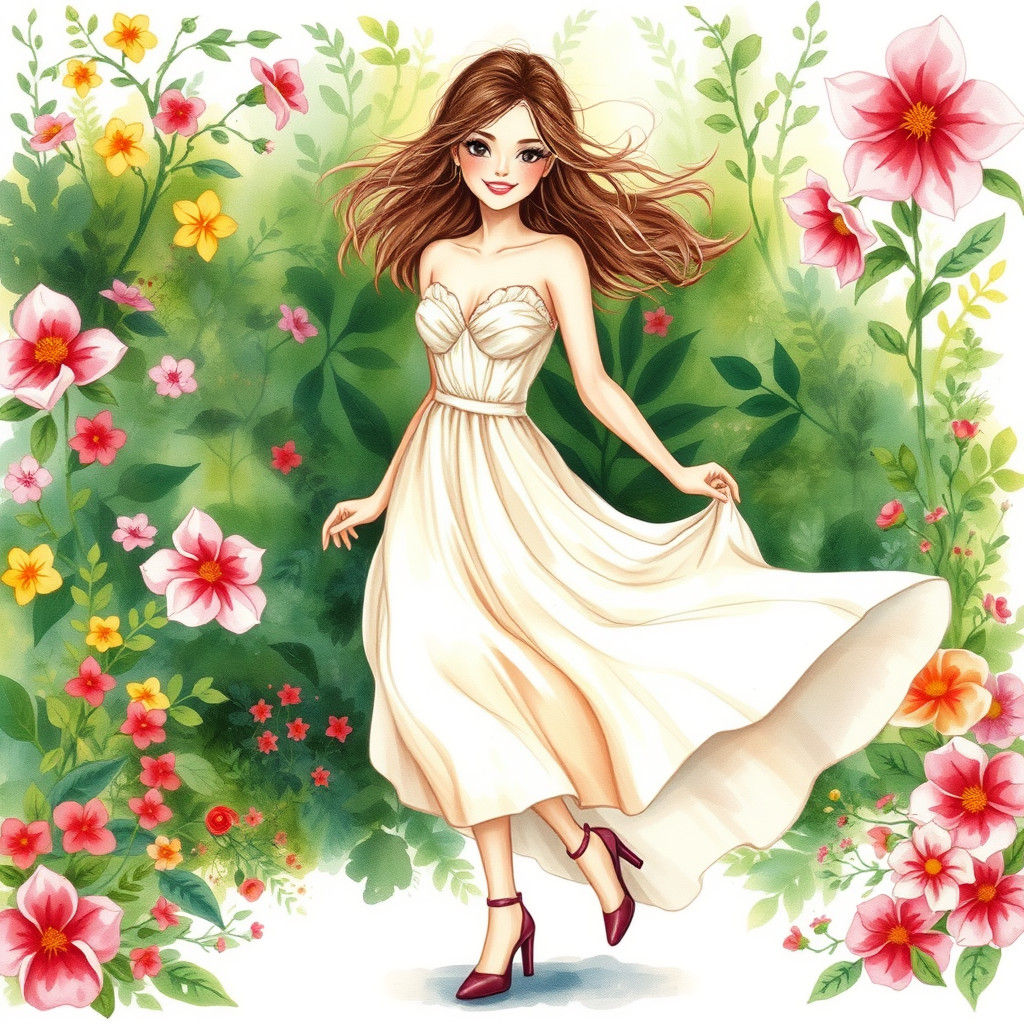 Elegant Lady in Bloom: Watercolor Art