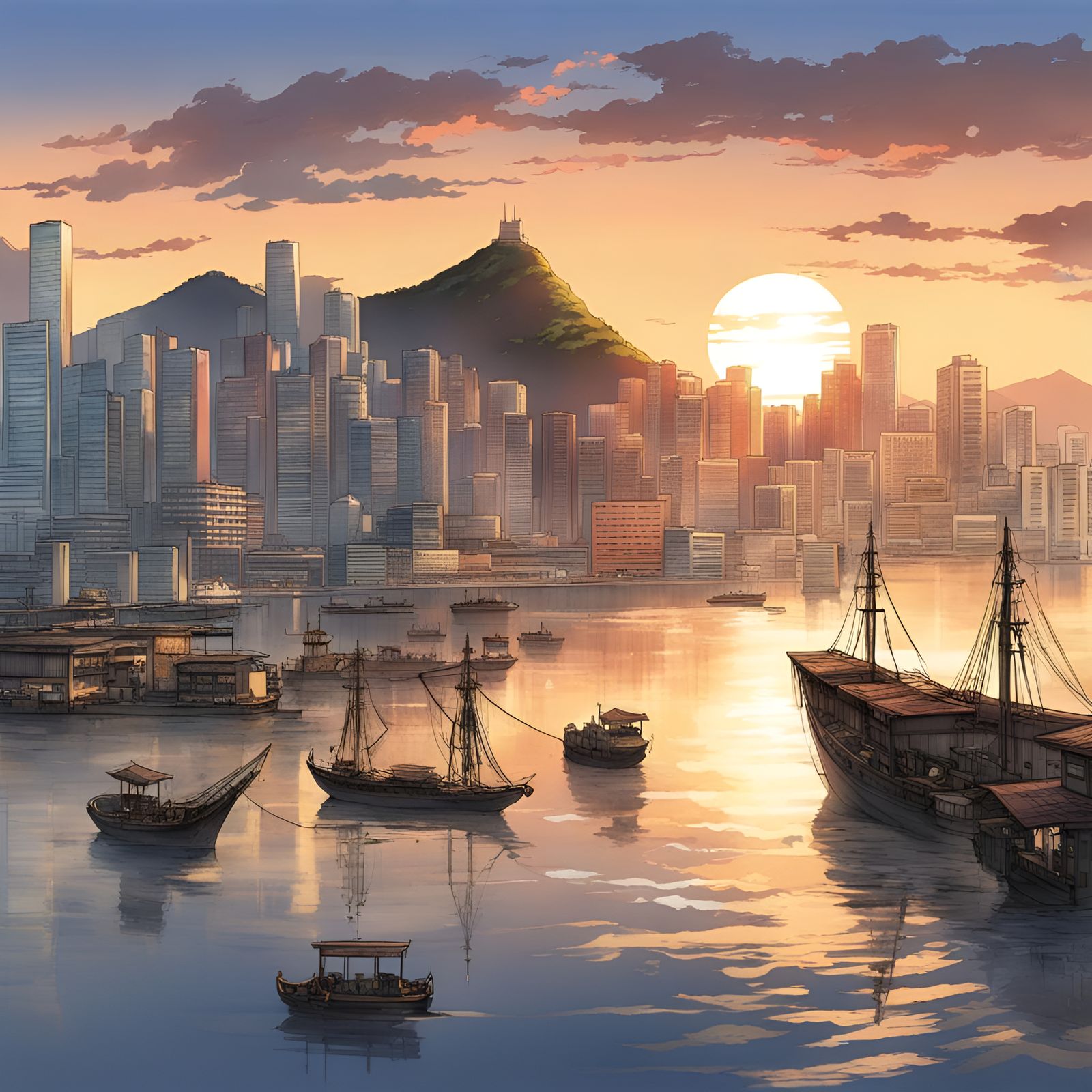 Hong Kong Harbour Sunrise in Anime Style