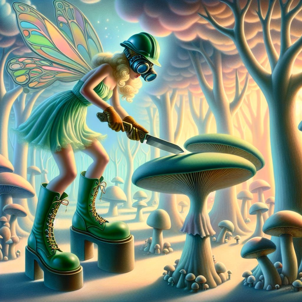 Surreal Fairy Cuts Mushroom in Dreamlike Pastel Scene