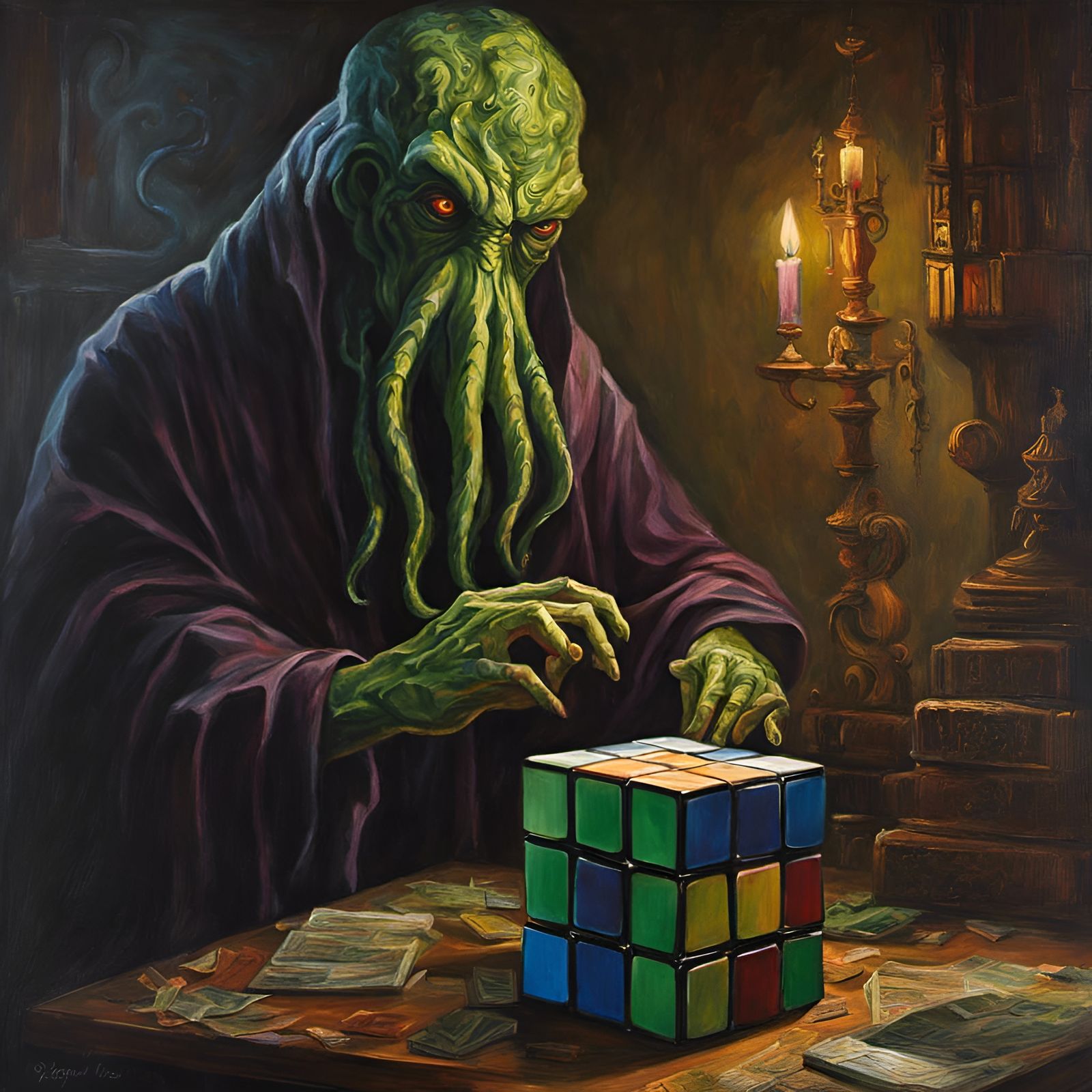Cthulhu Solves a Rubik's Cube: Oil Painting