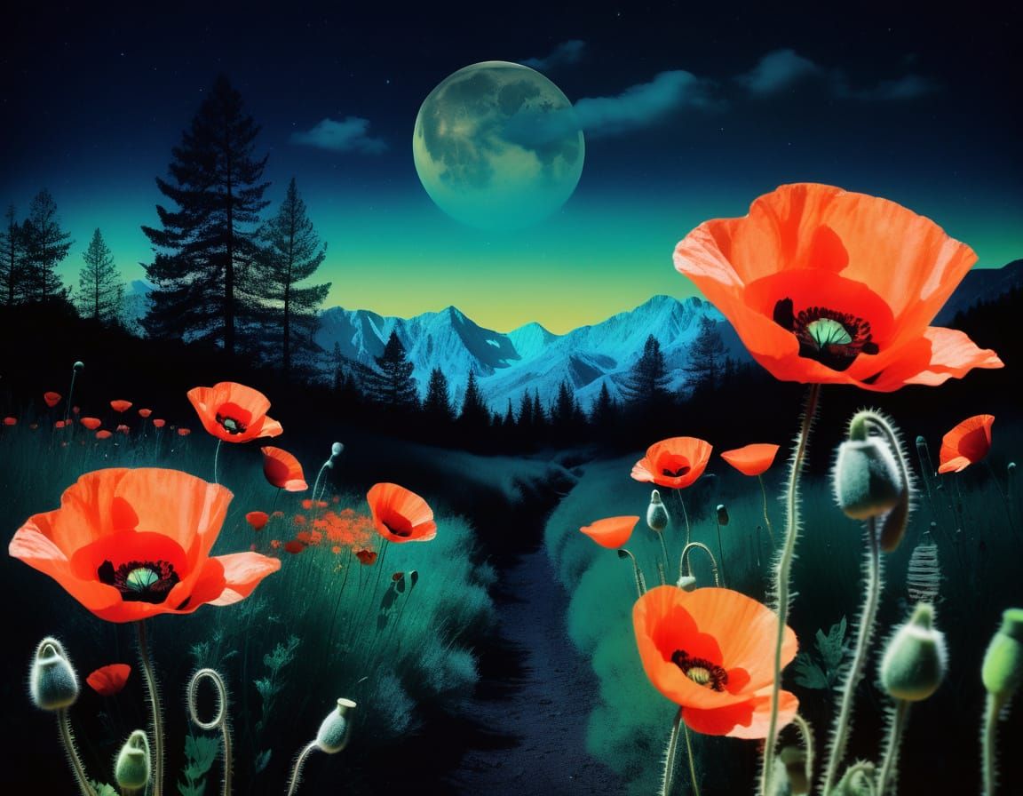 Moonlit Poppies in Neon Nightscape Collage