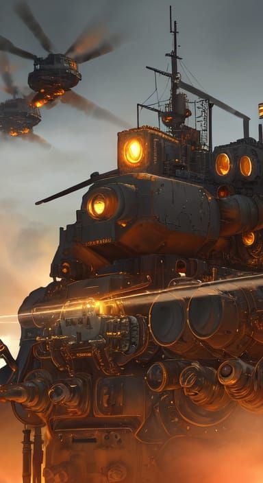 Colossal Steampunk War Machine in Golden Hour
