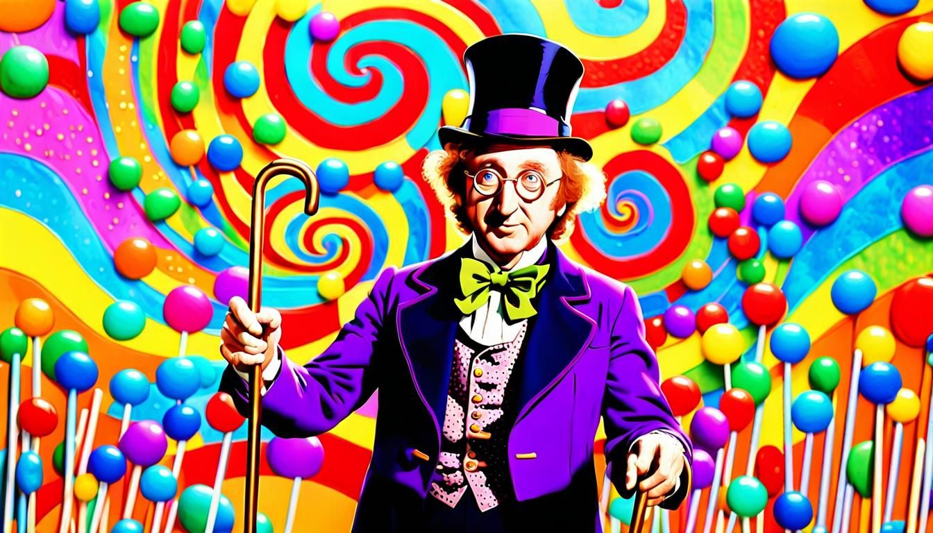 Gene Wilder as Willy Wonka in a Whimsical Film Still