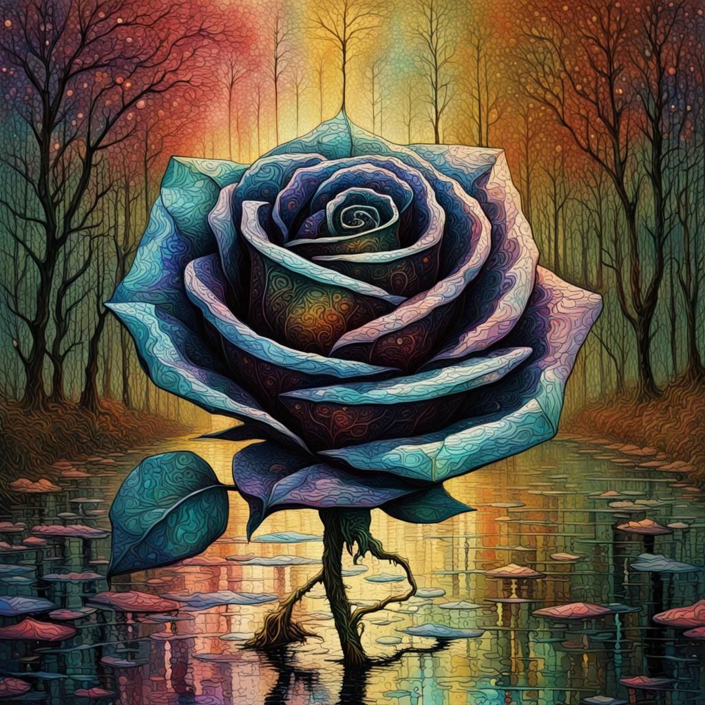 Glass Rose in Rainstorm, Iridescent Digital Art
