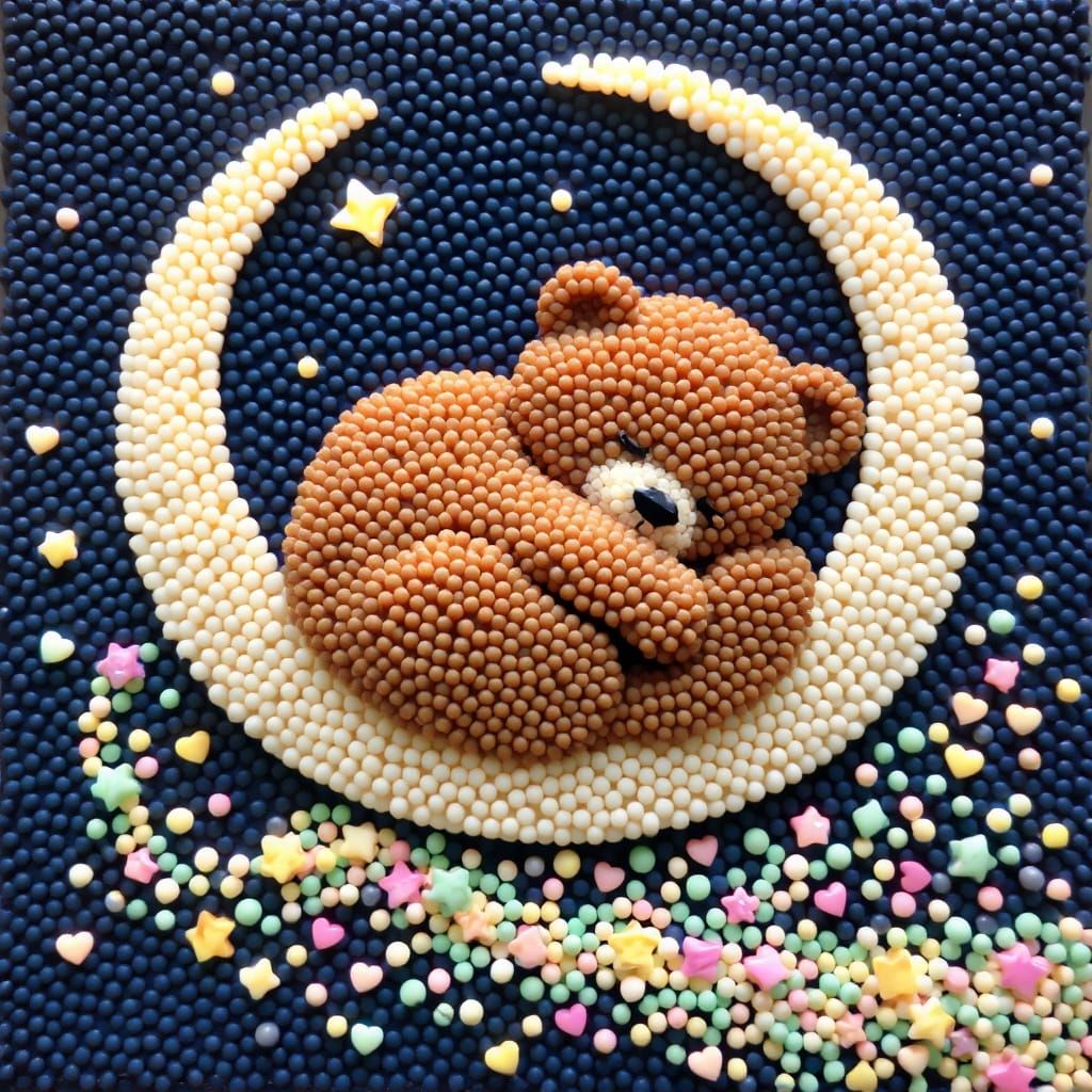 Sleeping Bear Cub on Moon of Beads: Dreamlike Mosaic