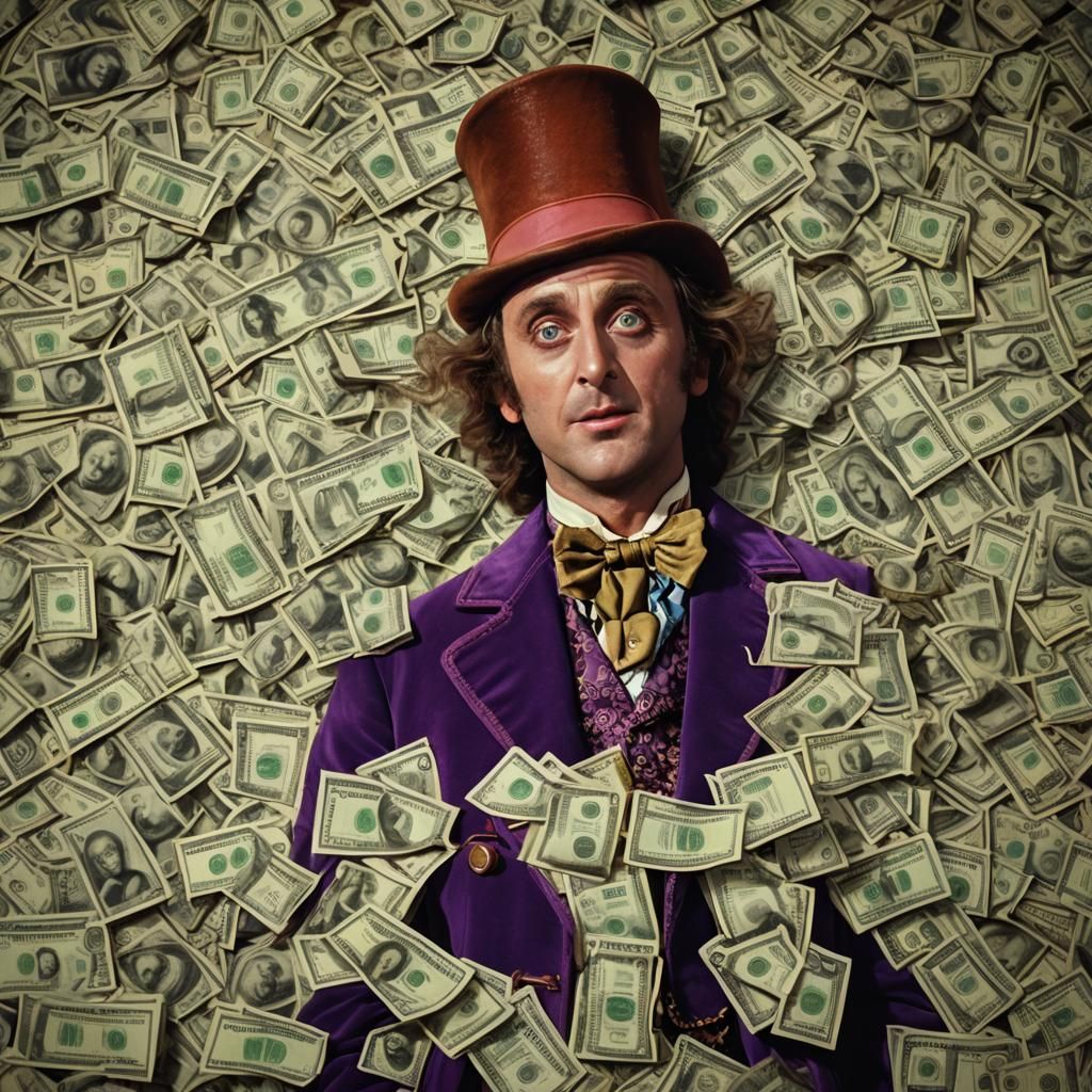 Willy Wonka Lies on Money: Cinematic Film Still