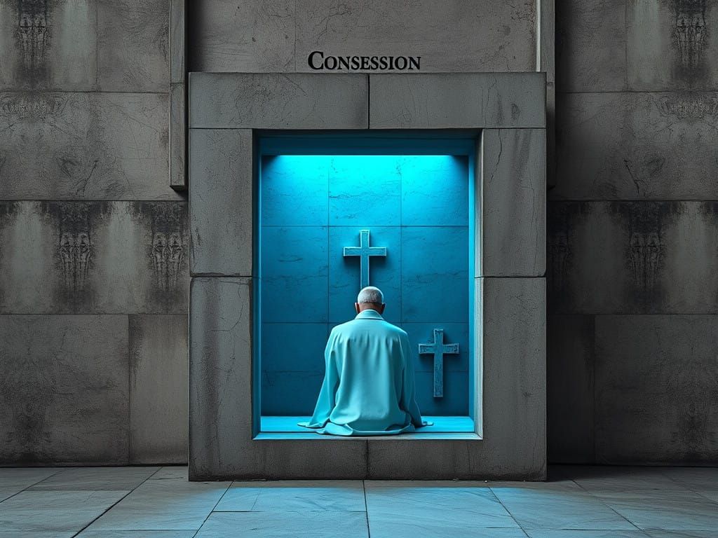 Surreal Confessional Scene in Haute Couture