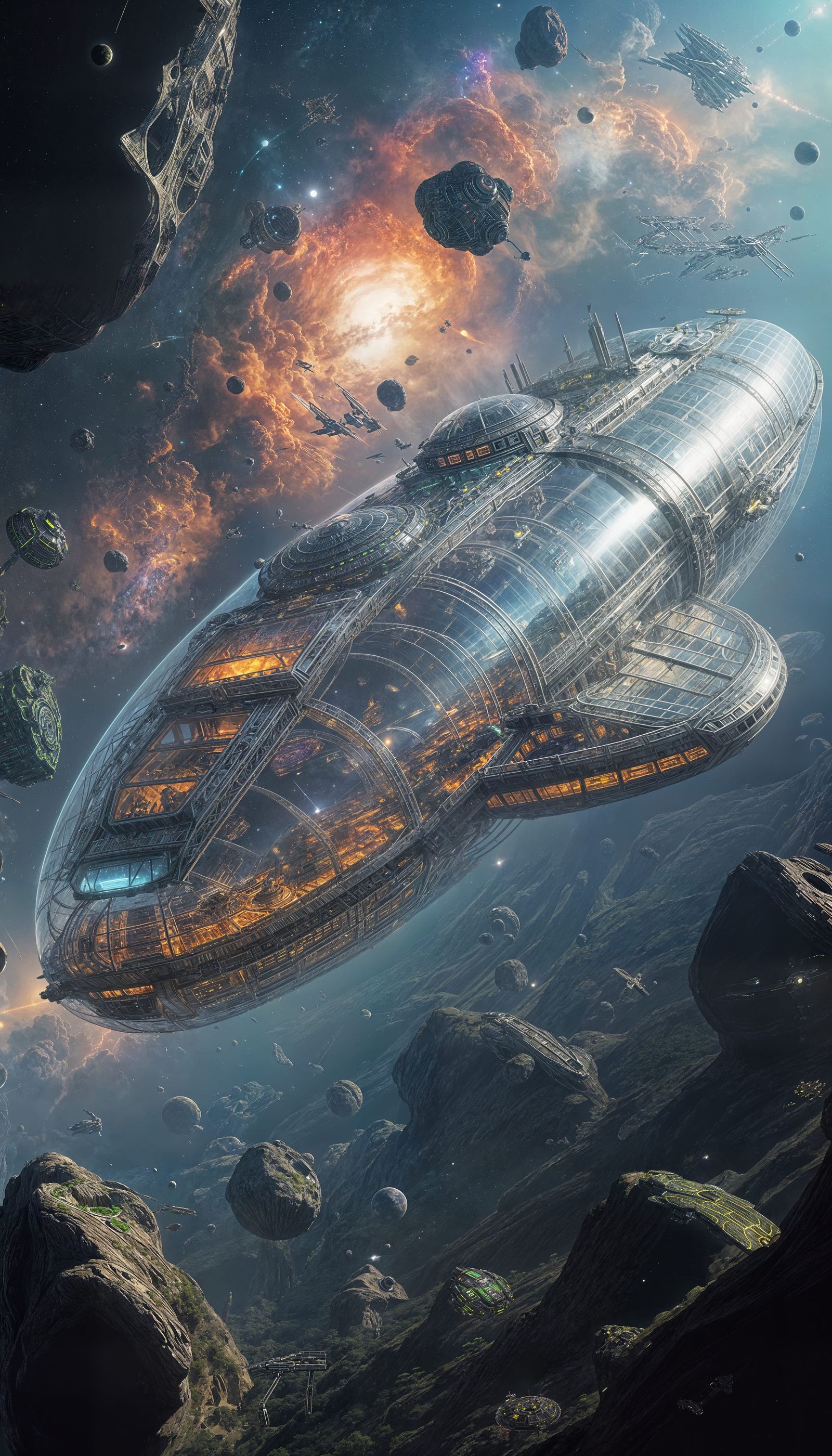 A massive transparent solarpunk serpentine undulating interl...