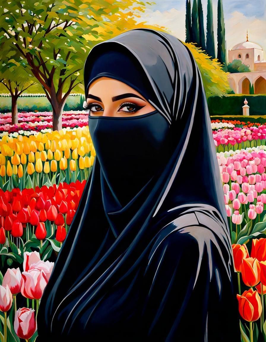 Niqabi Woman in Tulip Garden, Gouache Painting