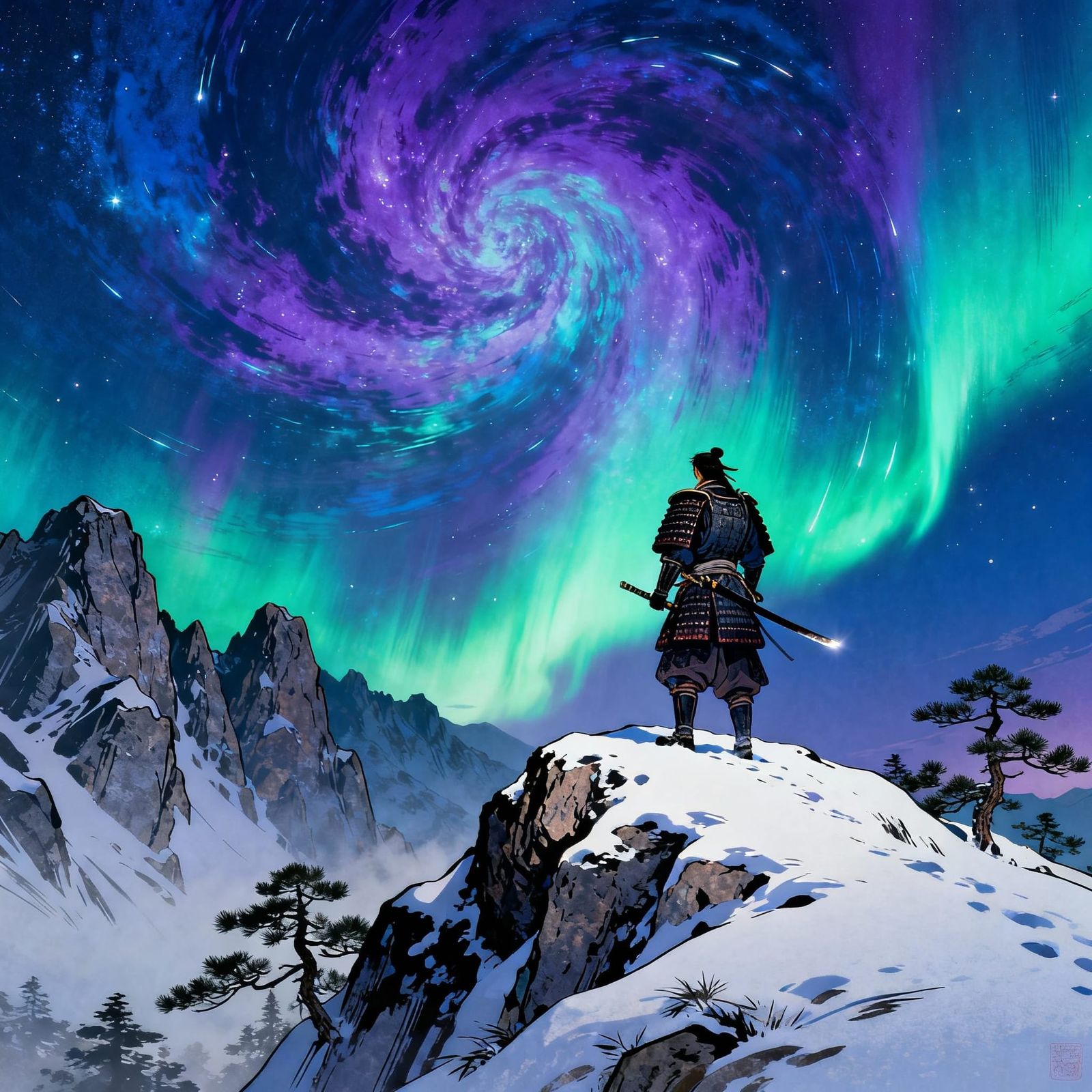 Samurai Gazes at Aurora Borealis on Mountain Peak