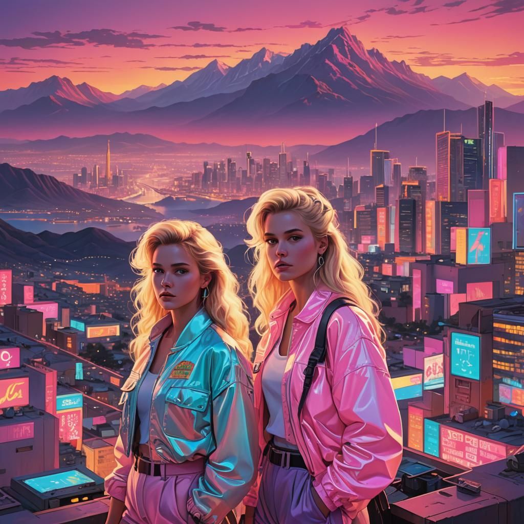 Vibrant Neon Cityscape with 80s Pastel Style