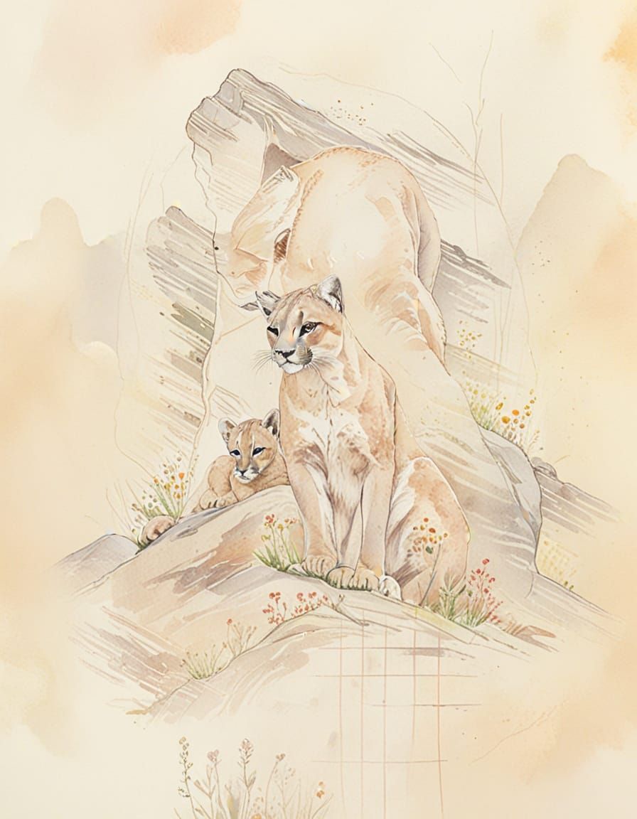 Puma Mother and Cub: A Watercolour Wildlife Scene
