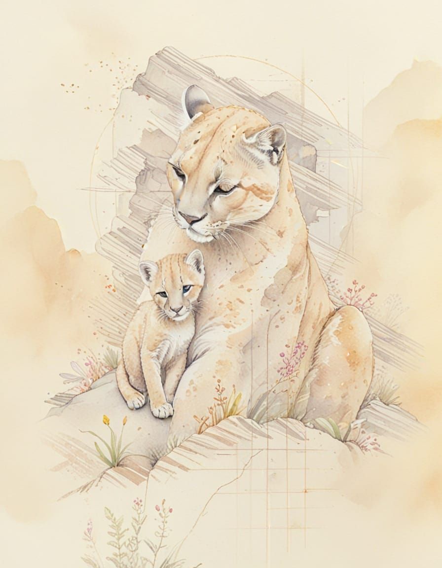 Puma and Cub: Whimsical Ink and Watercolour Illustration
