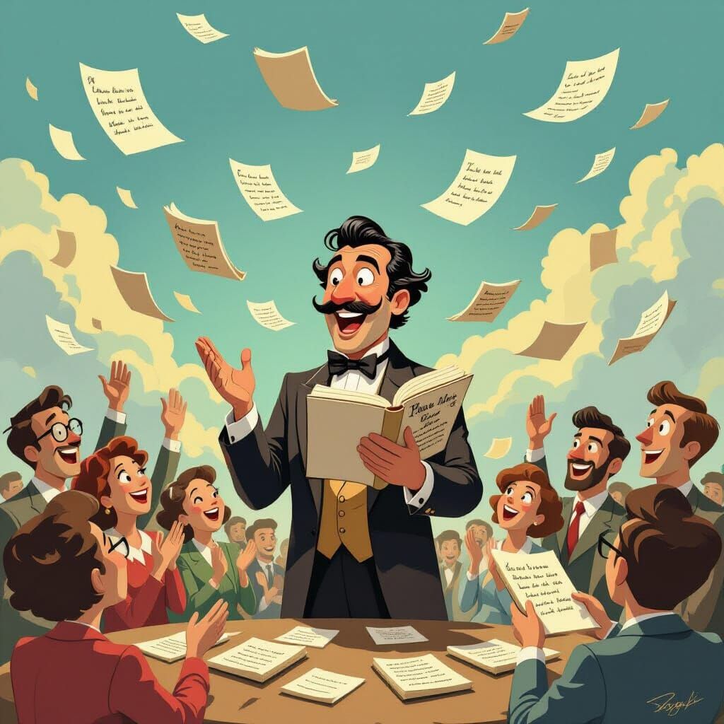 Cartoon Poet Surrounded by Fans in Surreal Style
