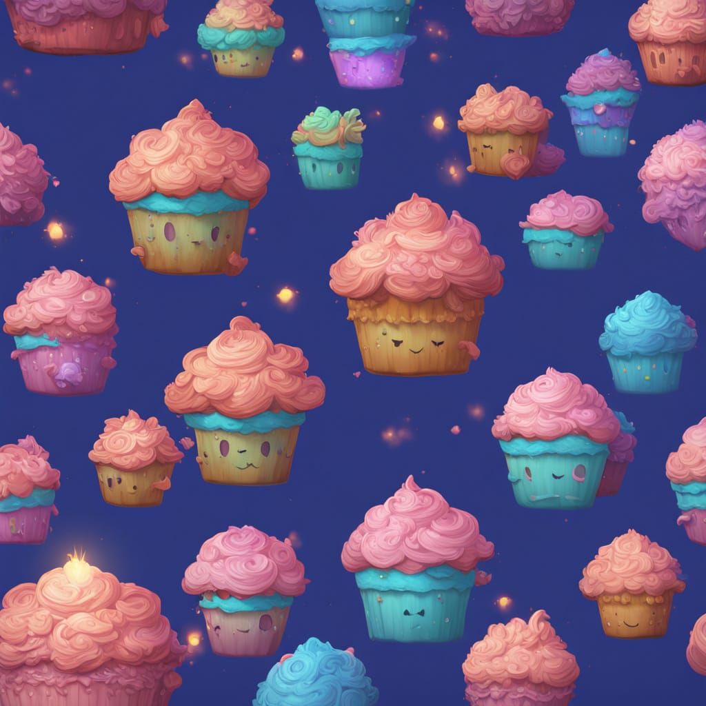 Kawaii Cupcake with Zentangle Patterns in Synthwave Style