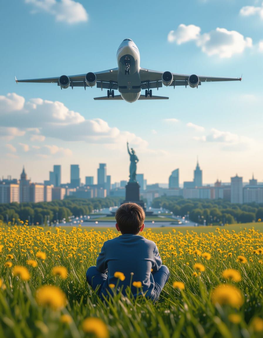 Boy on Meadow Facing Futuristic Kyiv with AN-225